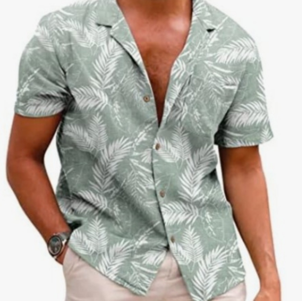Coofandy Mens Hawaiian Floral Shirt Cotton linen button down tropical beach shir
